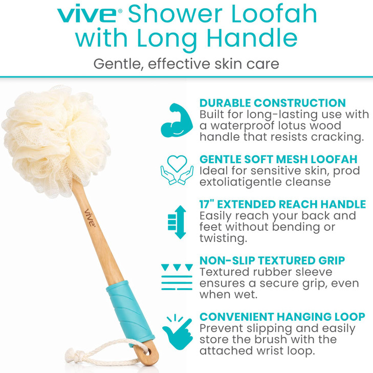 Vive 17 Shower Loofah with Long Handle Exfoliating Back Body Scrubber for Men Women Luffa Sponge on a Stick for Bathing