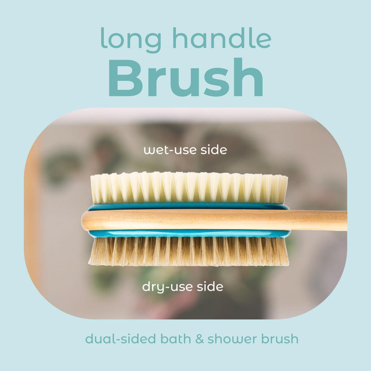 MainBasics Back Scrubber for Shower Long Handle DualSided Brush for Body Wash Scrubbing with Exfoliating Soft Bristles T