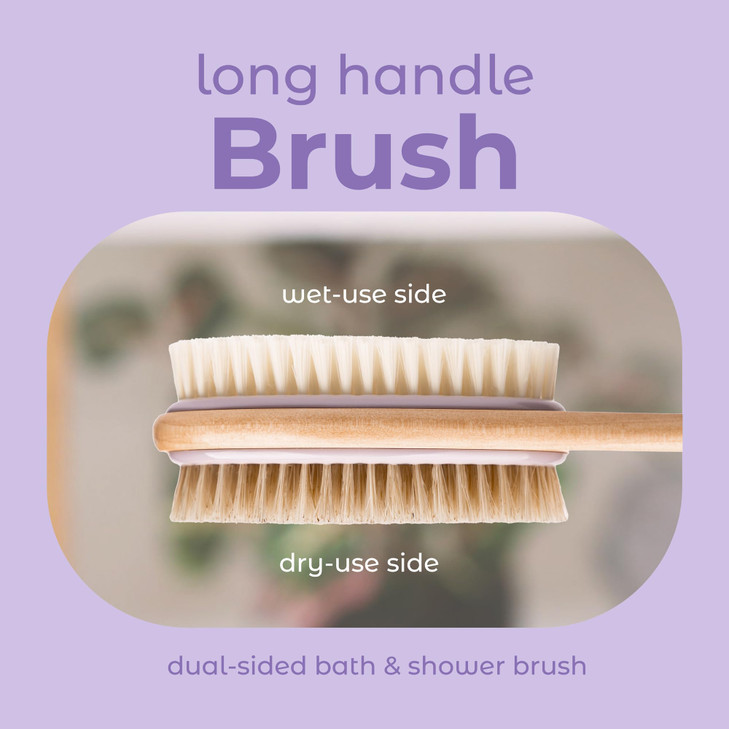 MainBasics Back Scrubber for Shower Long Handle DualSided Brush for Body Wash Scrubbing with Exfoliating Soft Bristles L