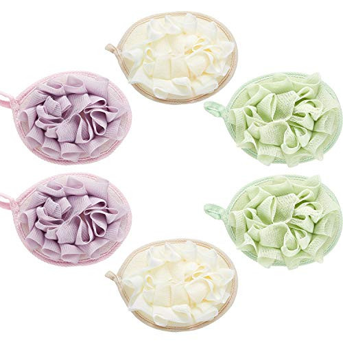 Boao 6 Pcs Bath Shower Pouf Sponge Mesh Pouf Shower Ball Exfoliating Body Sponge Pad Scrubber Glove with Flower Bath Bal