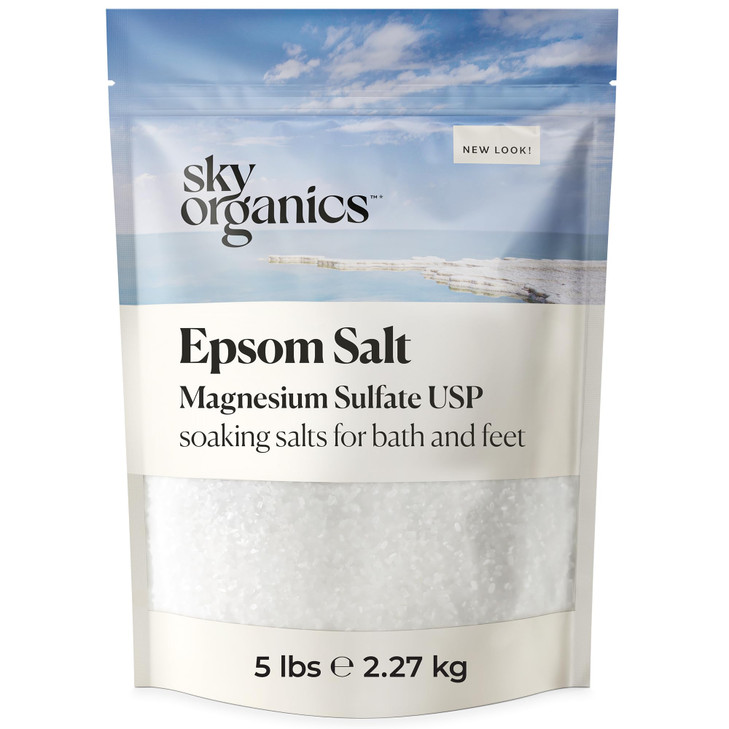 Sky Organics Epsom Salt Bath Soak 5 lbs Magnesium Sulfate USP 100 Pure Medium Grain Unscented Soaking Bath Salts Reseala