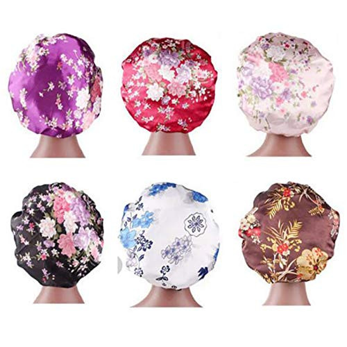 6 Pieces Large Printed Satin Bonnet Sleeping Caps Soft Elastic Wide Band for Women Hair Loss Natural Curly Hair Braids P
