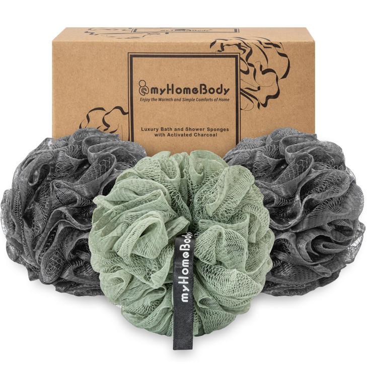 myHomeBody Large 70g Loofah Sponge Bath Body Scrubber for Women Men Exfoliating Shower Pouf with Activated Charcoal 2 Gr