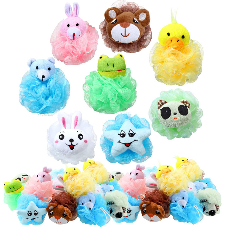 16 Pcs Kids Bath Loofahs Bulk Animal Cartoon Bath Sponge Cute Pouf Mesh Body Loofah Colorful Exfoliating Scrubber Shower