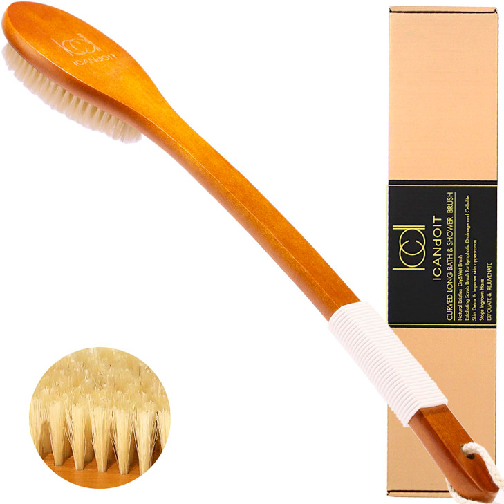 ICANdOIT1771Inch Natural Boar Bristles AntiSlip Curved Long Handle Bath BrushBent Handle Shower Scrubber for Exfoliating