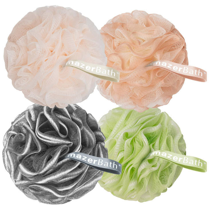 AmazerBath Bath Loofah Sponge Pack of 4 Shower Loofah 60gPCS Body Scrubber Loofa Light OrangeGreenGreyBeige Bath Sponge