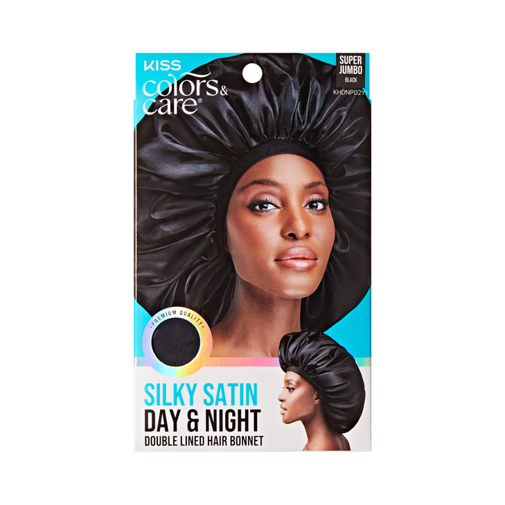 KISS Colors Care Silky Satin Day Night Black Cap Jumbo Size Hair Bonnet For All Hair Types And Textures Breathable Comfo
