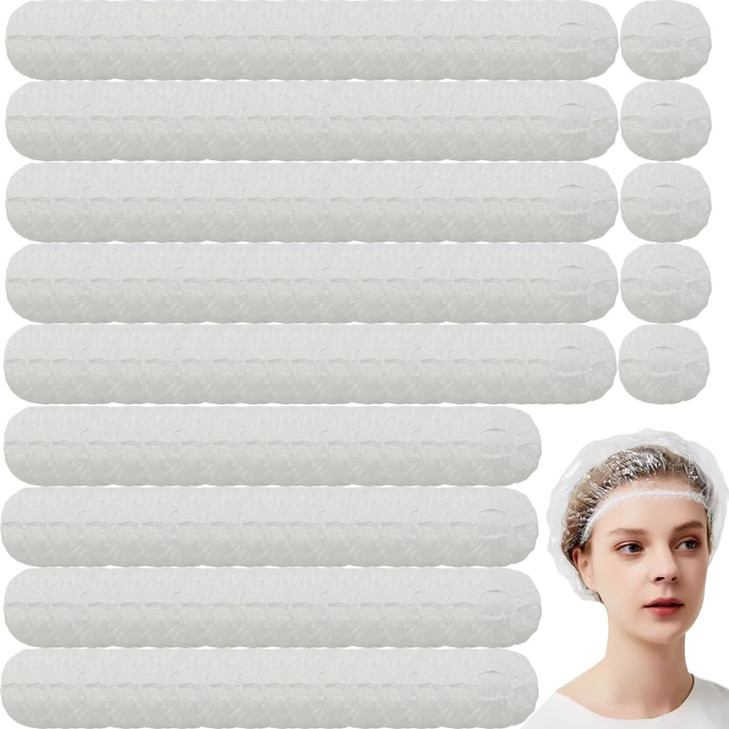 RONYOUNG 200PCS Disposable Shower Caps Bulk 16 Plastic Clear Hair Cap Elastic Waterproof Bath Caps for Women Hair Care C