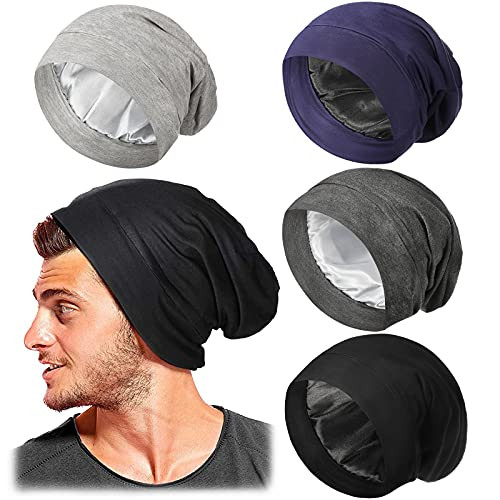 Geyoga 4 Pcs Satin Lined Sleep Bonnets Silk Sleeping Cap Slouchy Beanie Hat Elastic Sleep Head Wrap for Curly HairDark C