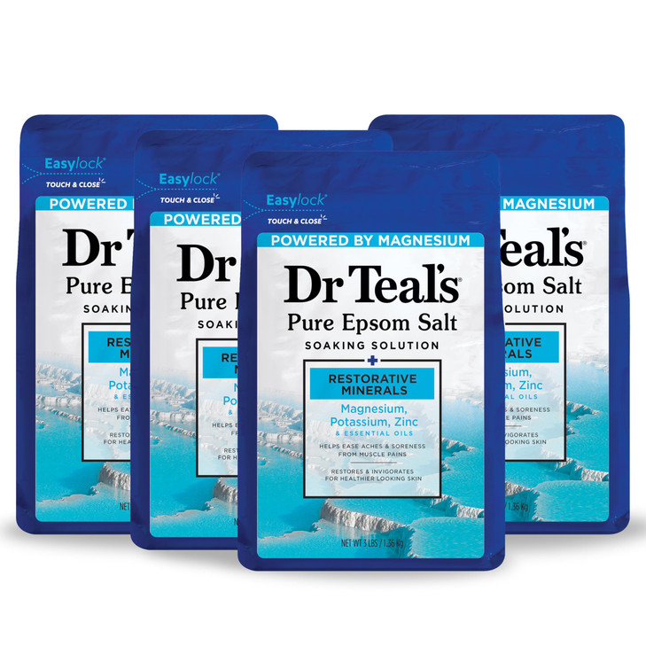 Dr Teals Epsom Salt Magnesium Soak Restorative Minerals with Magnesium Potassium Zinc Essential Oils 3 lbs Pack of 4