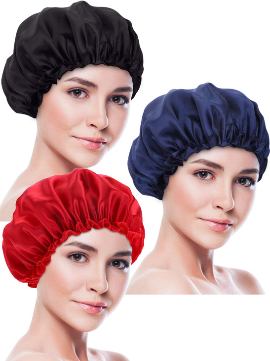 Blulu 3 Pieces Large Satin Bonnet Silk Bonnets Hair Bonnet for Sleeping Soft and Breathable for Women Curly HairBlack Re