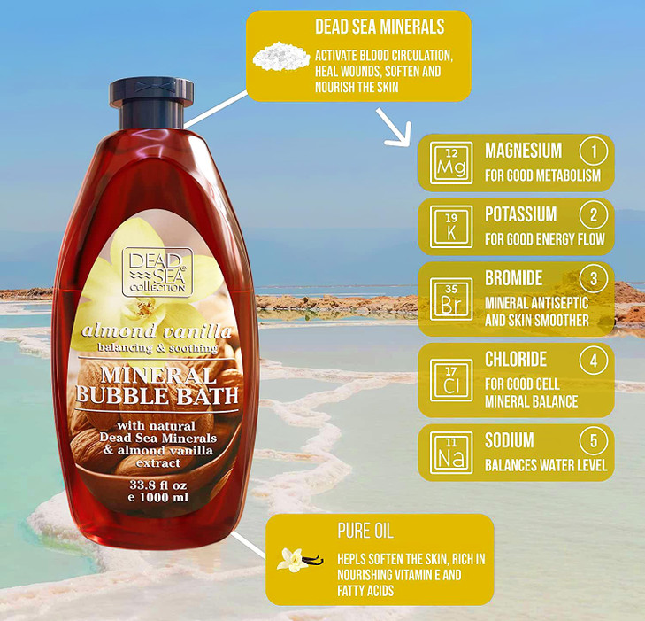 Dead Sea Collection Bubble Bath with Almond Vanilla for Women and Men Sweet Almond Oil and Dead Sea Salt Nourishing and