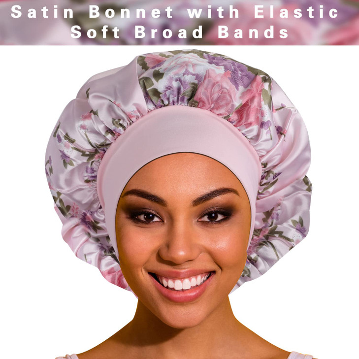 ROYBENS Satin Bonnet Hair Bonnet for Sleeping 4 Pack Large Bonnets for Women with Elastic Soft Band for Curly Hair Braid