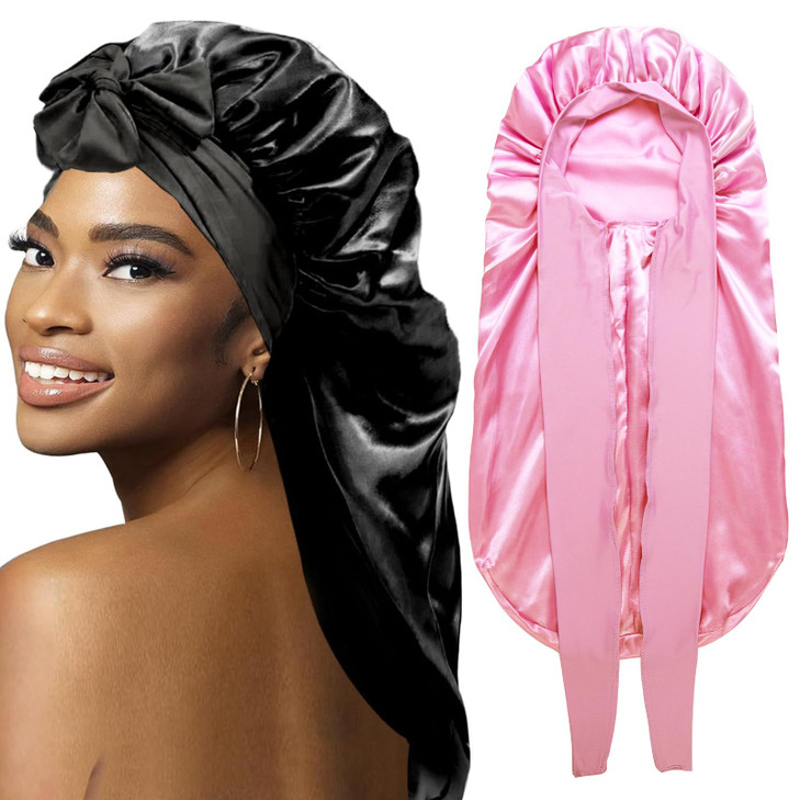 2Pcs Bonnets for Black Women Braid Bonnet Large Long Satin Bonnet for Braids Silk Bonnet with Stretchy Tie Band Sleep Ca