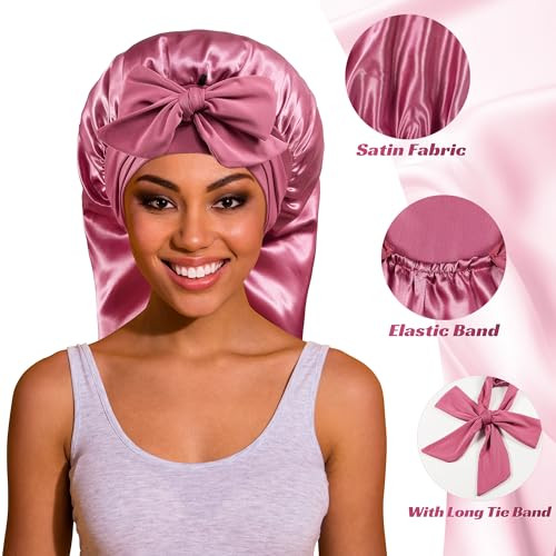ROYBENS Long Bonnet Satin Hair Silk Bonnet for Sleeping Women Silky Bonnets for Women with Tie Band Sleep Cap for Braids