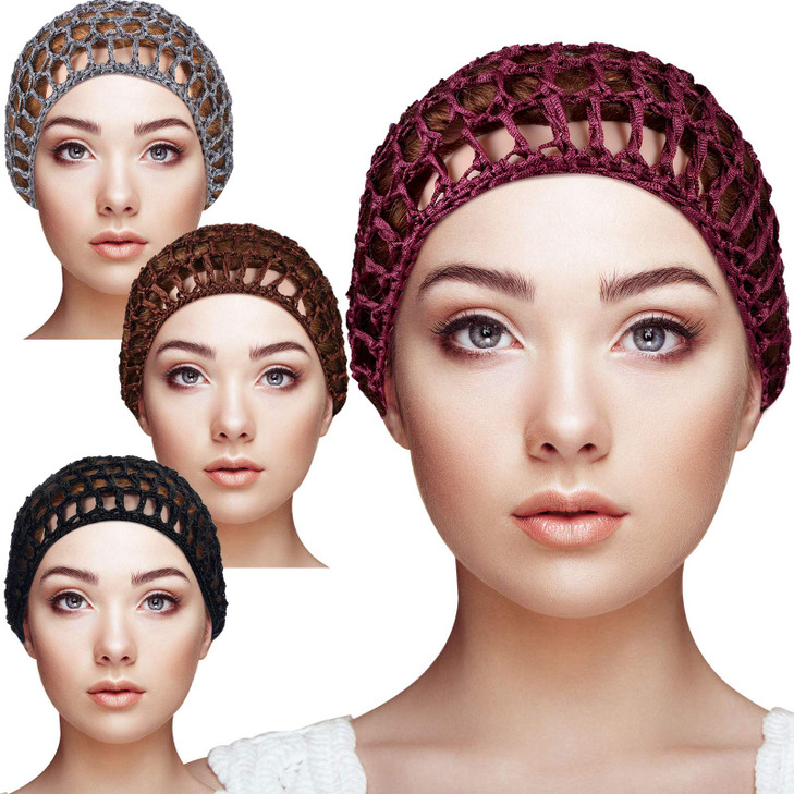 Geyoga 4 Pieces Mesh Crochet Hair Net Rayon Knit Snood Hat Thick Short Women Hairnet Snoods Cover Ornament for Sleeping