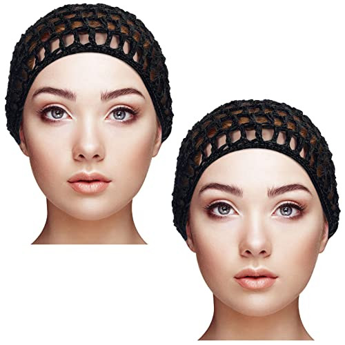 Geyoga 2 Pieces Mesh Crochet Hair Net Rayon Knit Snood Cap Cover Crocheted Shower Caps Sleep Hat for WomenBlack