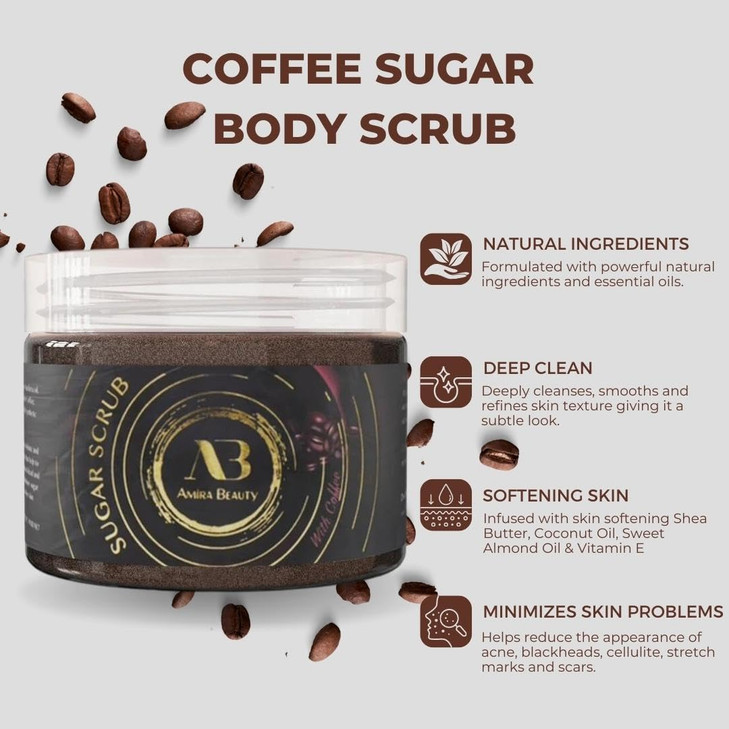 AB Amira Beauty Sugar Body Scrub Moisturizing Exfoliating Deep Skin Cleanser Reduces Acne Cellulite Stretch Marks Dead S