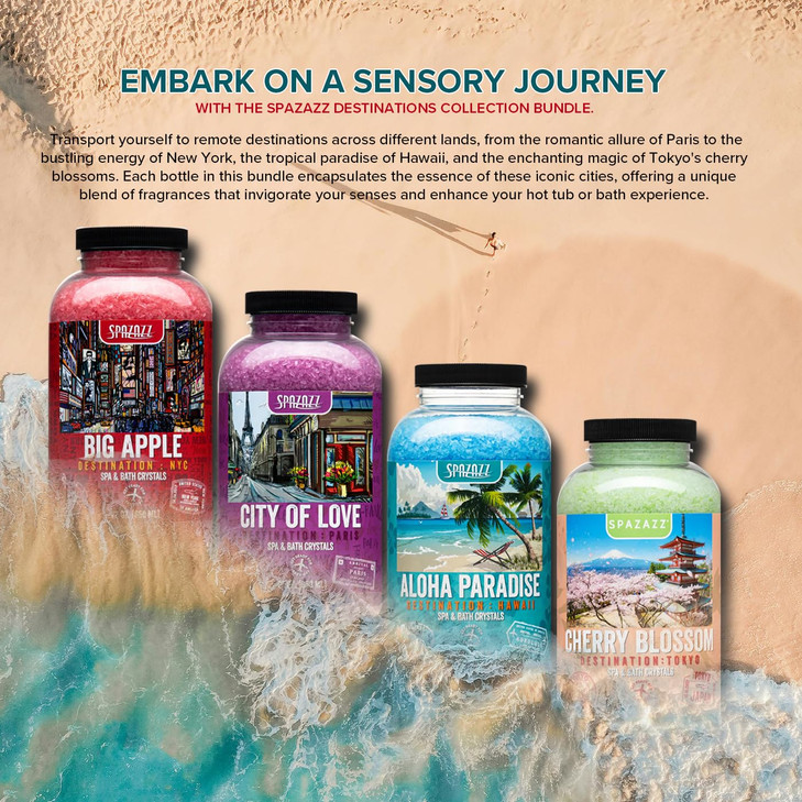 Hot Tub Spa Aromatherapy Bath Salt Crystal Scents Spazazz Destinations Collection Bundle Aloha Paradise Big Apple City o