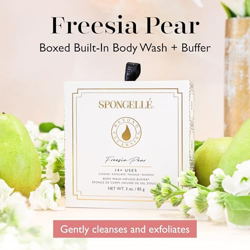 Spongelle Freesia Pear Wild Flower Buffer Body Scrubber with Box Bath Shower Loofah for Women Exfoliator with Body Wash
