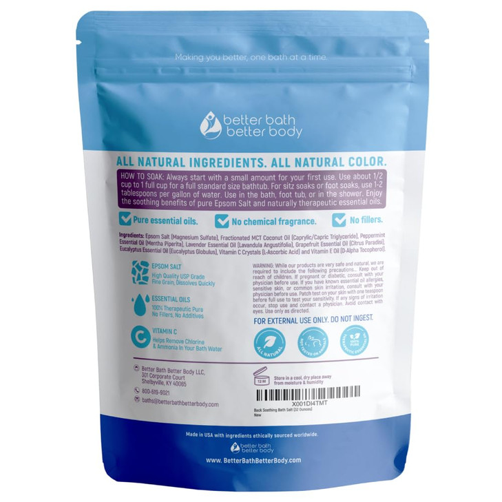 Back Soothing Bath Salt 32 Ounces Epsom Salt with Natural Bergamot Lavender Eucalyptus and Peppermint Essential Oils Plu