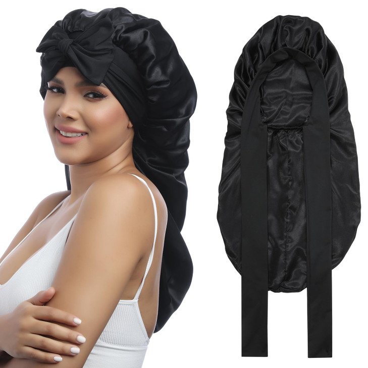 AWAYTR Long Satin Bonnet for Women Double Layer Elastic Silk Bonnet for Braids Hair Sleeping Cap with Tie Band Black