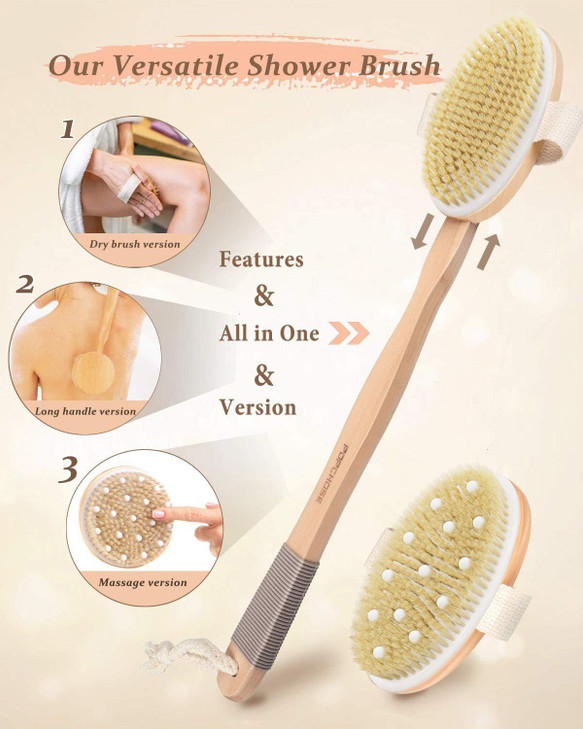 Dry Brushing Body Brush POPCHOSE Body Scrubber for Men Women Back Scrubber for Shower Natural Bristle Exfoliator Scrubbe