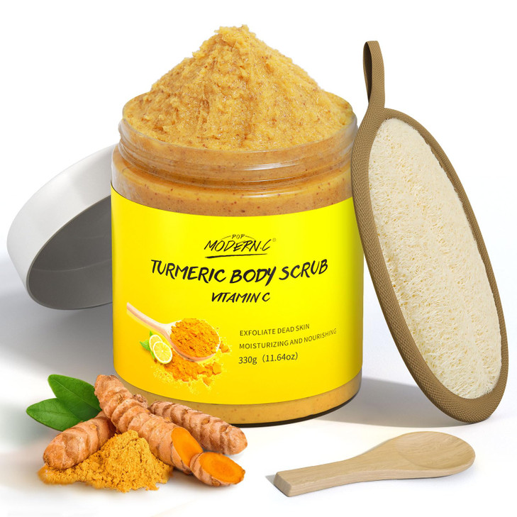 POP MODERNC Turmeric and Vitamin C Body Scrub Remove Dead Skin Improve Dark Spots Acne Natural Organic Exfoliating Deep