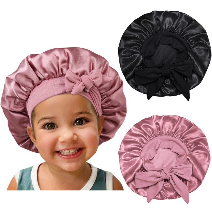 Satin Silk Bonnet Hair Cap 2pcs Bonnets for Kids with Elastic Tie Band Adjustable Straps for Sleeping Sleep Comfortable