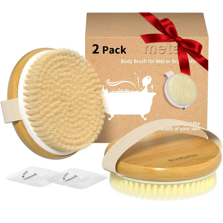 Metene 2 Pack Bamboo Dry Body Brushes Shower Brush Wet and Dry Brushing Dry Brush for Cellulite and Lymphatic Body Scrub