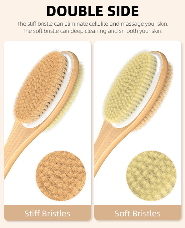 Metene Shower Brush with Soft and Stiff Bristles Bath DualSided Long Handle Back Scrubber Body Exfoliator for Wet or Dry