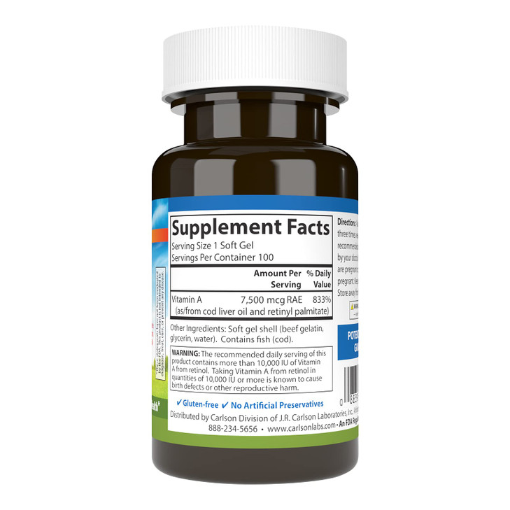 Carlson - Vitamin A, 25000 IU (7500 mcg RAE), Vision & Skin Health, Immune Function, 100 soft gels online at globaldelivered