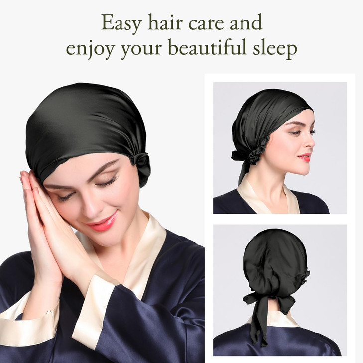 LilySilk Silk Bonnet for Sleeping Womens Sleep Cap 100 19MM Mulberry Silk for Long Curly Hair Adjustable Stretchy Black