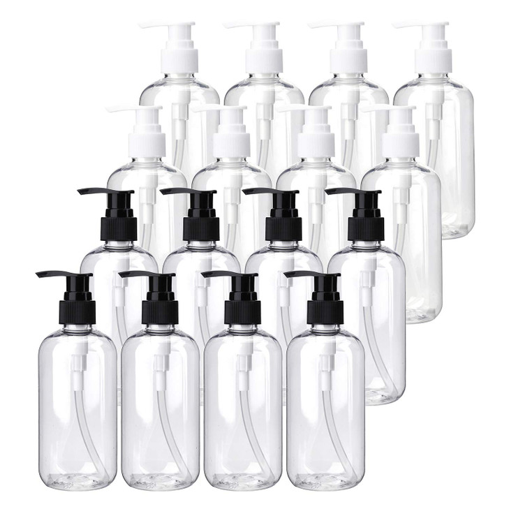 Bekith 16 Pack Empty Lotion Bottles with Black and White Pumps 8oz Plastic Clear Round Bottles Containers for Creams Han