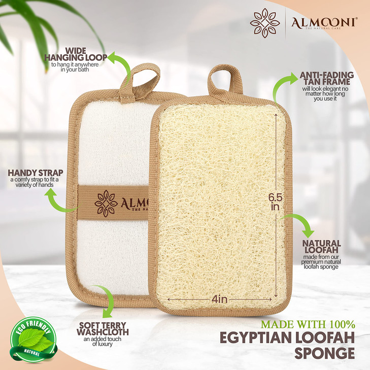 Almooni Premium Egyptian Exfoliating Loofah Pad Body Scrubber Rectangular loofa Shape Made with Natural Egyptian Shower