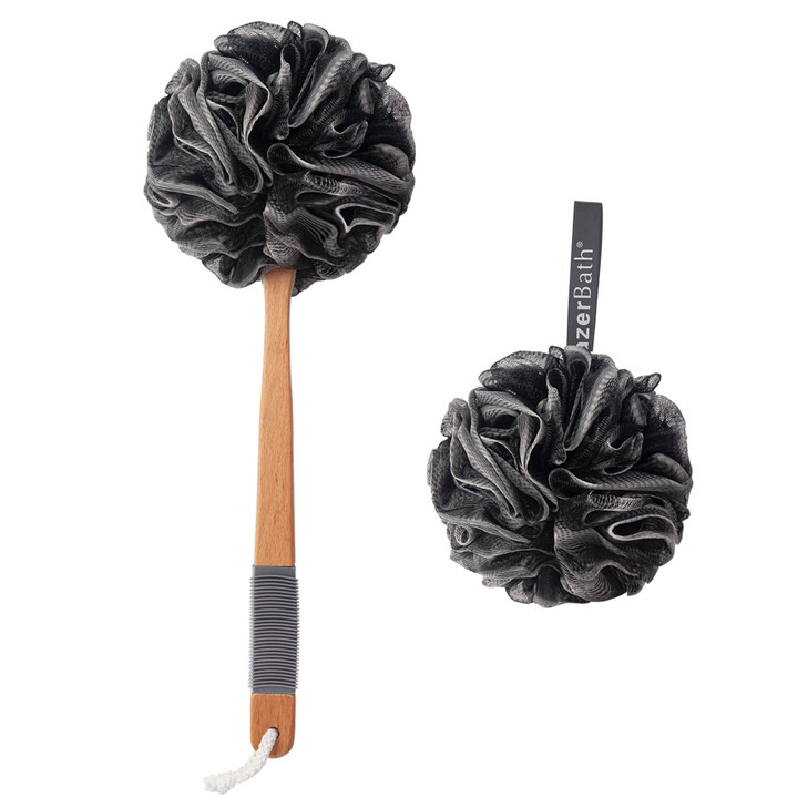 AmazerBath Shower Sponge Loofah Back Scrubber PE Soft Mesh Loofah Body Scrubber with Long Wooden Handle Bath Sponge for
