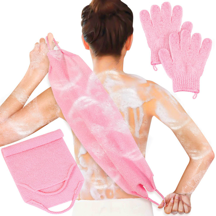 Anezus Exfoliating Shower Bath Gloves Back Scrubber Set for Body Face Shower Bath Scrub and Exfoliator Pink
