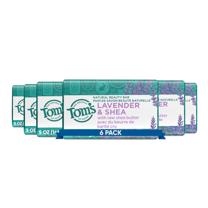 Toms of Maine Natural Beauty Bar Soap Lavender Shea With Raw Shea Butter 5 oz 6Pack Packaging May Vary