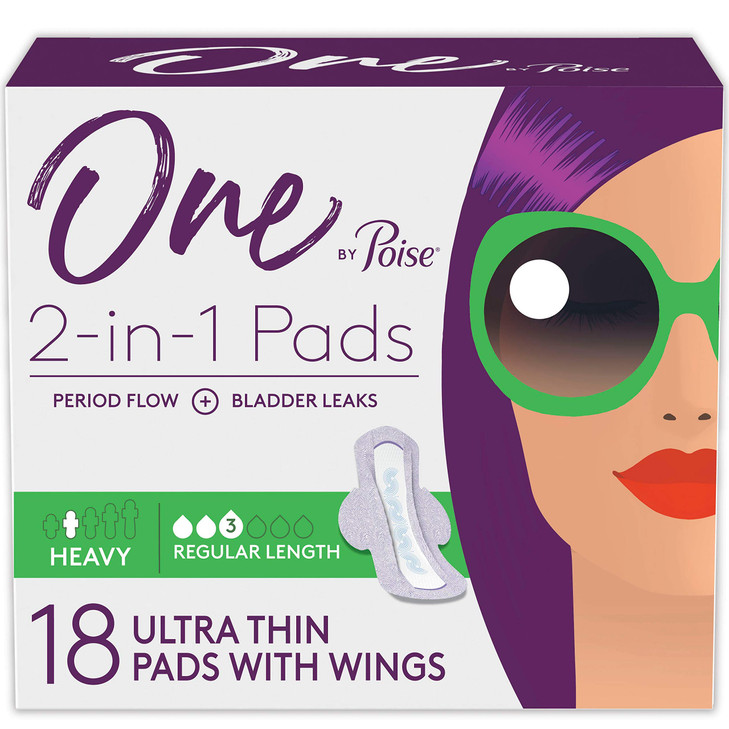 One by Poise Feminine Pads with Wings 2in1 Period Bladder Leakage Pad for Women Regular Heavy Absorbency for Period Flow