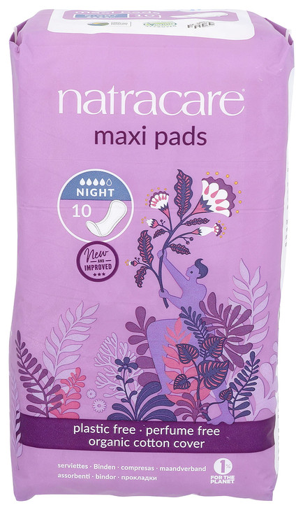 Natracare Natural Traditional Style Night Time Maxi Pads Individually Wrapped Without Wings in PlantBased Bag 1 Pack 10