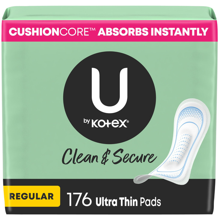U by Kotex Clean Secure Ultra Thin Pads Regular Absorbency 176 Count 4 Packs of 44 Packaging May Vary