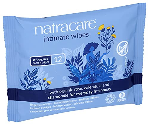 Natracare Organic Cotton Intimate Wipes Infused with Organic Essential Oils of Chamomile Calendula and French Rose 12 Wi