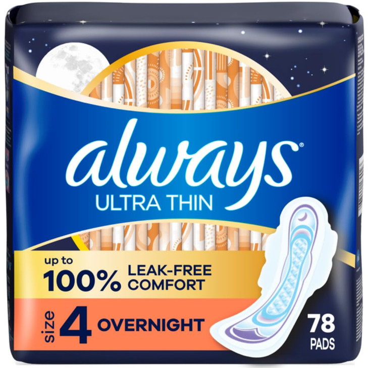 Always Ultra Thin Overnight Pads with Wings Size 4 Overnight 78 Count 3 Packs of 26