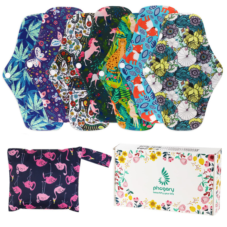 Reusable Menstrual Pads 7 in 1 254cm 4 Layers Bamboo Cloth Pads for Heavy Flow with Wet Bag Large Sanitary Pad Set with