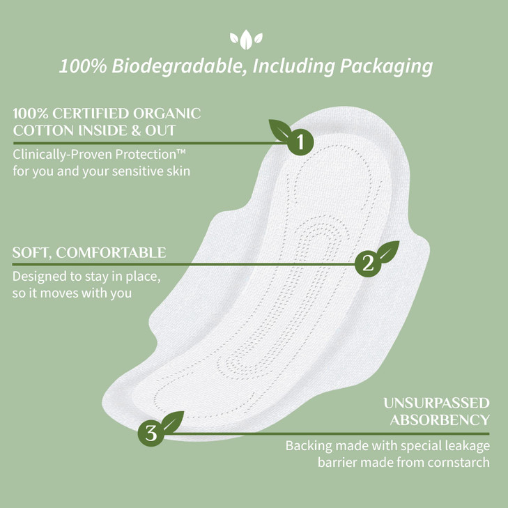 Organyc 100 Certified Organic Cotton Feminine Pads with Wings Heavy FlowAbsorbency 10 Count Pack of 6