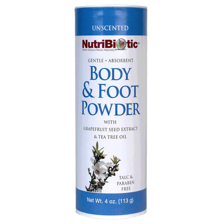 NutriBiotic Body Foot Powder Unscented 4 Oz with Grapefruit Seed Extract Tea Tree Oil Vegan NonGMO Talc Paraben Gluten F