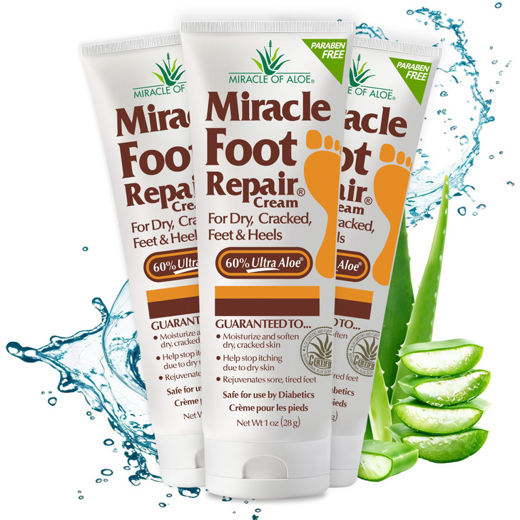 Miracle Foot Repair Cream 1 oz 3 Pack Repairs Dry Cracked Heels and Feet 60 Pure UltraAloe Moisturizes Softens and Repai