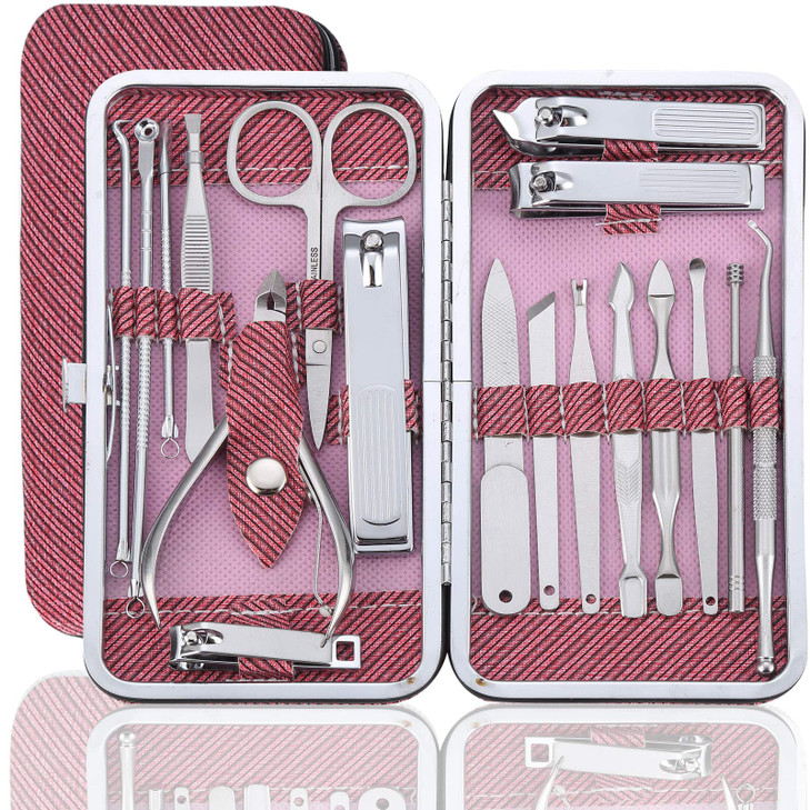 Manicure Kit Nail Clippers Set Professional Pedicure Stainless Steel Black 18 Pieces Grooming Care Set Scissors Cutter E