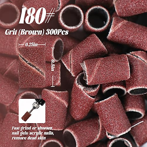 InnoLife 300pcs Grit 180 Nail File Sanding Bands Replacement for 332 Shank Size Nail Drill Bits Fit