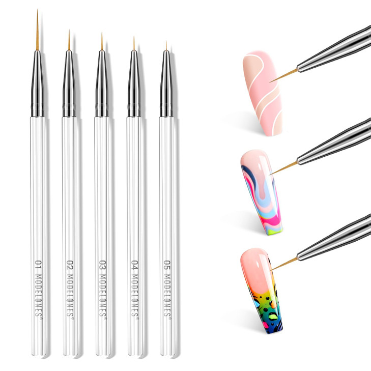 Modelones Nail Art Brushes Thin Liner Brushes 5Pcs Set for Nail Art Gel Polish Painting Designs with Hexagonal Shape Eas